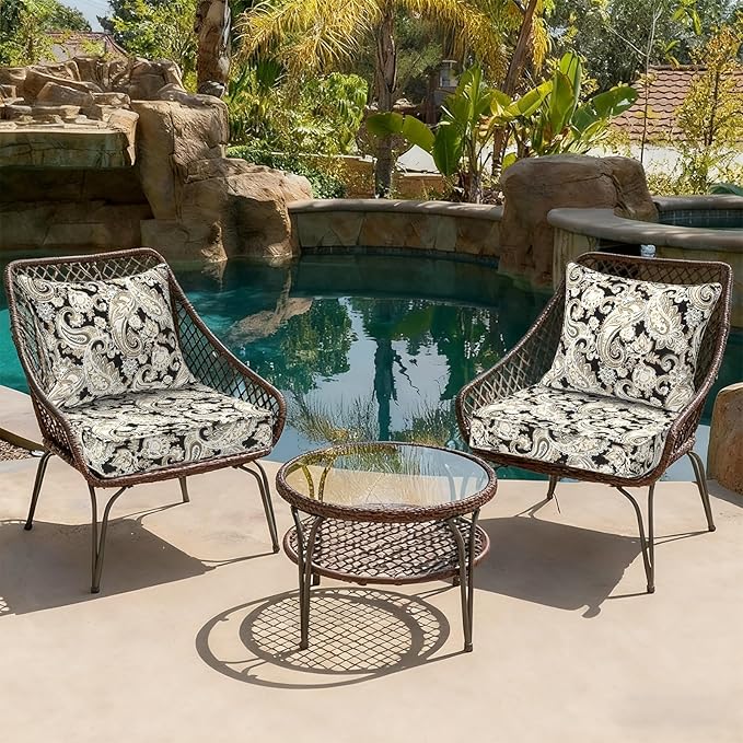 Outdoor Deep Seat Cushion Set, Water Repellent 22"x22" Patio Thick Cushions Replacement with Seat & Back Pillow for Patio Sofa, Wicker Chair, Couch - Paisley Black