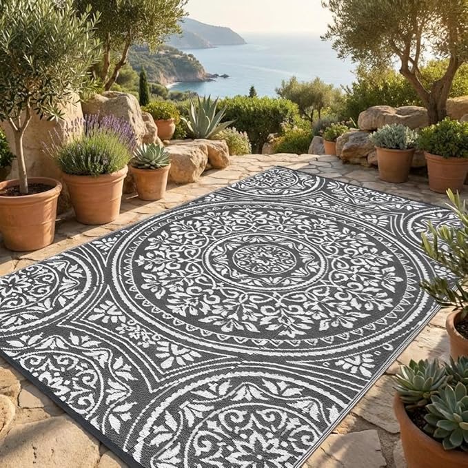 Waterproof Plastic Straw Outdoor Rug 9x18 Patio Reversible UV Resistant Foldable Camping Carpet Boho Floral Large Outdoor Rugs for Deck, Picnic, Porch, Camper, Balcony, Beach，Grey/White