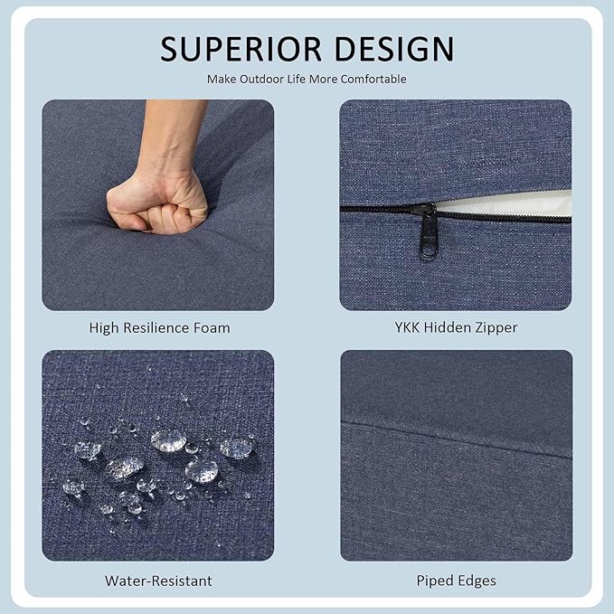 24x24 Inch Outdoor Deep Seat Cushions Set of 2,Thick High-Density Foam, Water-Resistant, Piped Edges & YKK Hidden Zipper for Patio Furniture,Sky