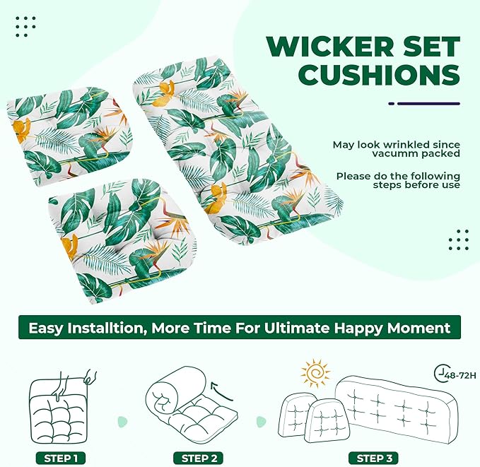 Wicker Chair Cushions, Waterproof Outdoor Loveseat Cushions for Patio Furniture, Tufted Wicker Furniture Cushions, 1 Loveseat and 2 U-Shaped Cushions (Yellow Leaf)