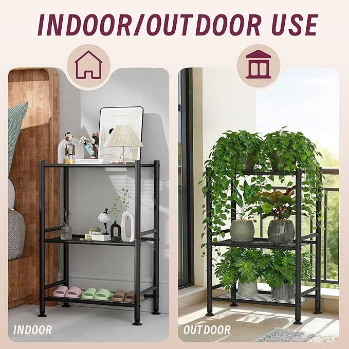 3-Tier Plant Stand Indoor, Metal Outdoor Plant Stands for Patio, Space Saver, Tiered Plant Shelf for Garden Balcony Living Room Bedroom, Black