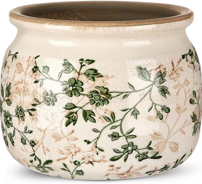 7.7" Large Ceramic Plant Pot Beige Green Jasmine Vine Crackle Glaze Rustic Flowers Pot Decorative Planter with Drainage for Indoor Outdoor Plants Home Kitchen Office Decor Gift