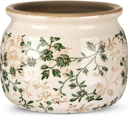 7.7" Large Ceramic Plant Pot Beige Green Jasmine Vine Crackle Glaze Rustic Flowers Pot Decorative Planter with Drainage for Indoor Outdoor Plants Home Kitchen Office Decor Gift