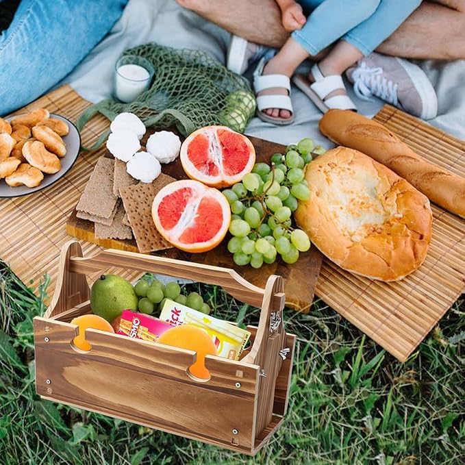 Yuehuam 2 in 1 Folding Wooden Picnic Basket Table, Wooden Outdoor Folding Picnic Table with 4 Glass Holder for Romantic Camping Park, Party, Garden Concerts