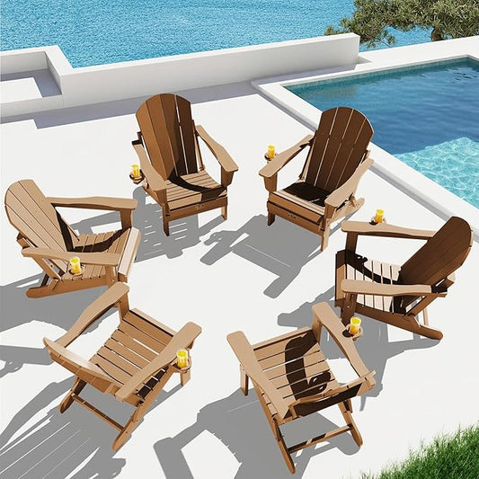 SERWALL Adirondack Chair Set of 6 Folding Adirondack Chairs with Cup Holder for Patio Garden Weather Resistant Outdoors Fire Pit Chairs- Brown