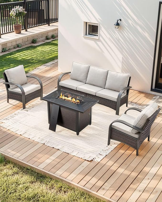 HUMMUH Wicker Patio Furniture Set with Fire Pit-Outdoor Wicker Chairs Set of 2 with Outdoor Patio Couch Outdoor Furniture Sets for Deck Porch Garden Poolside Backyard-Brown/Beige