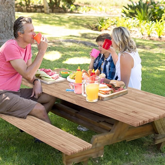 Picnic Table Cover with Bench Covers Elastic Edges, Brown Wooden Fitted Table Cover, Outdoor Patio Camping Essentials 72 Inch 3PCS, Waterproof Camping Fitted Tablecloth with Drawstring Bag