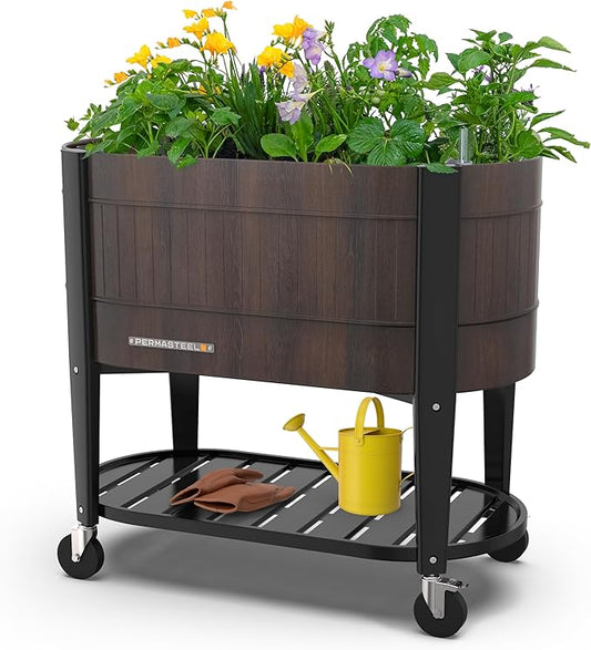 Permasteel Raised Garden Bed with Legs, 40×20×37 in, Planter Box with EnGrow™ TrueSoil™ Technology for Vegetables, Flowers, Herbs, and Fruit, Outdoor Indoor, Storage Shelf, Wood Brown