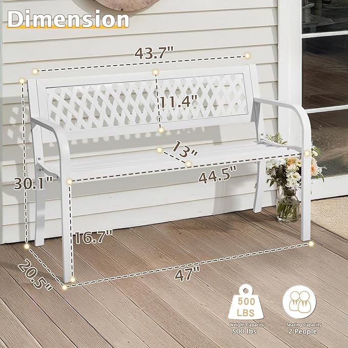 Outvita Outdoor Bench, 47" Iron Steel Frame Garden Bench with Mesh Pattern and Plastic Backrest Armrests, Patio Bench for Garden Park Yard Front Porch Patio, White