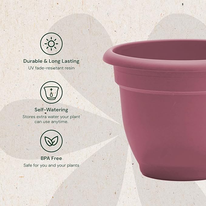 Bloem Ariana 16" Dusty Rose Round Self-Watering Resin Planter Pot - Rolled Rim Indoor and Outdoor Gardening Planter