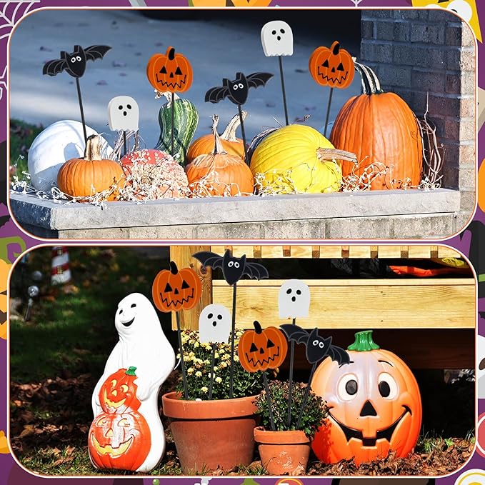6 Pcs Wood Pumpkin Ghost and Bat Garden Stakes Yard Decor Set for Halloween Indoor Outdoor Lawn Pathway Patio Ornaments