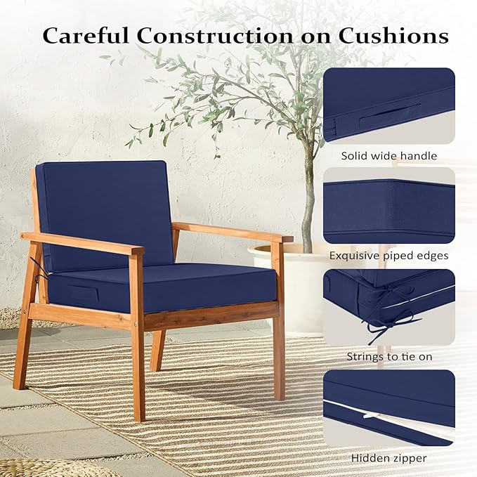 Cozyide 22x22 Outdoor Cushions for Patio Furniture, Waterproof Outdoor Chair Cushions with Non-Slip Ties and Handle, Washable Deep Seat Cushions for Outdoor Furniture with Removable Cover, Navy