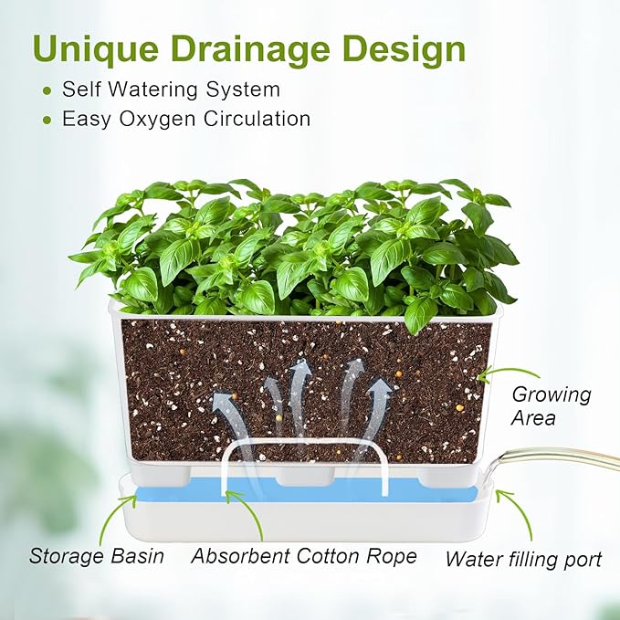 Self Watering Planters: 2 Packs Rectangular Plant Pots with with Drainage and Tray, 10 Inch Window Pot Self Watering Planter for Herb, Houseplants