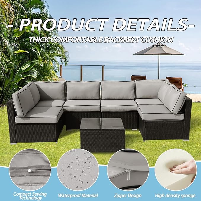Patio Furniture Cushions,14Pieces Water-Resistant Outdoor Replacement Cushions,Sectional Sofa Cushions for Fits 6-Seats Rattan Wicker Patio Conversation Sets