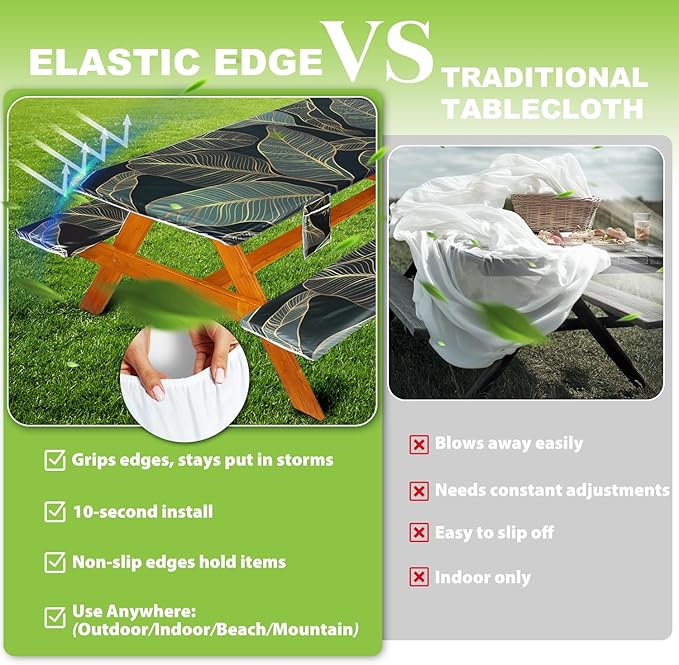 Picnic Table Cover with Bench Covers Vinyl Elastic Edges Fitted Rectangle Seat Tables Waterproof 3-Piece72X30in Set Outdoor Rectangular Folding Backing Tablecloth for Camping Over Size