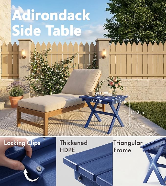 PASAMIC Folding Outdoor Side Table, HDPE Adirondack Patio End Table, Portable, No Assembly, Weather-Resistant for Camping, RV, Poolside, Garden, Indoor & Outdoor Use (Blue)