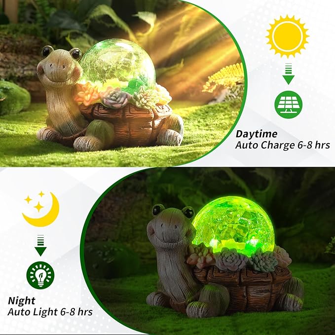 Solar Turtle Garden Statue Lights for Outdoor Decor with Succulent and LED Lighting - Lawn Decoration Resin Tortoise Figurine for Patio Yard Balcony Ornament - Valentine Day Gifts for Mom Grandma