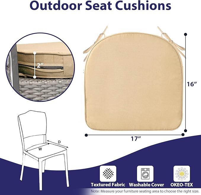 Outdoor Chair Cushions Set of 4 -Waterproof Outdoor Seat Cushions for Patio Furniture, Patio Chair Cushion with Handle and Ties, Round Out Door Chair Pads,17" x 16" x 2",Beige