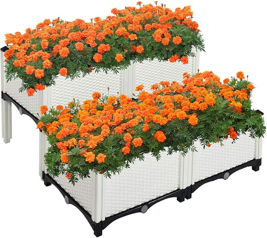 Giantex Raised Garden Bed, Set of 4 Planter Raised Beds Kits with Drain Holes for Fruit Flowers Vegetables, Outdoor Elevated Planting Box for Lawn Patio Balcony, Easy Assembly, Rattan-Like Look, White