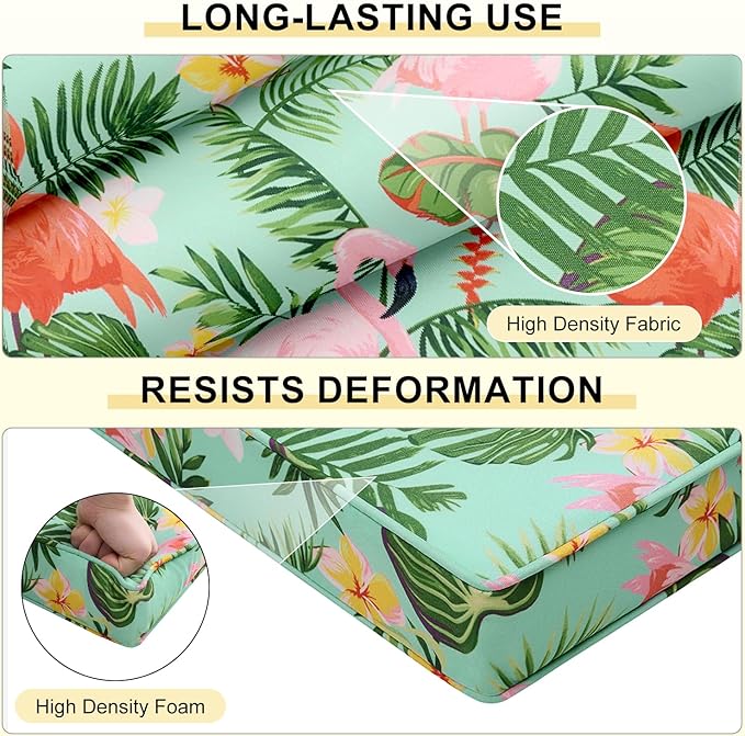 downluxe Outdoor Chair Cushions Set of 4, Waterproof 19" x 19" x 3" Patio Chair Cushion with Non-Slip Ties & Handle, Square Outdoor Cushion for Patio Furniture with Removable Cover, Tropical Flamingo