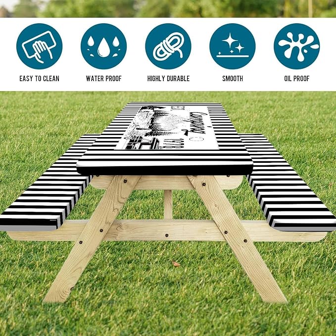 3PCS Picnic Table Cover with Bench Covers Black Stripe Bear Pattern Camping Tablecloth Fitted Picnic Picnic Table Cover with Elastic Windproof Waterproof, Outdoor Camping Accessories 60IN