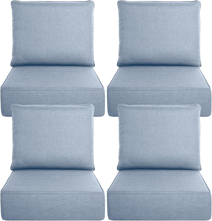 Belord Luxury 6" Thick Outdoor Cushion 4 Set - 24 x24 Inch 28D Sponge Filling Fade-Resistant Chair Cushion, Spill Proof Removable Patio Furniture Replacement Cushion for Sofa Bench Swing - Baby Blue