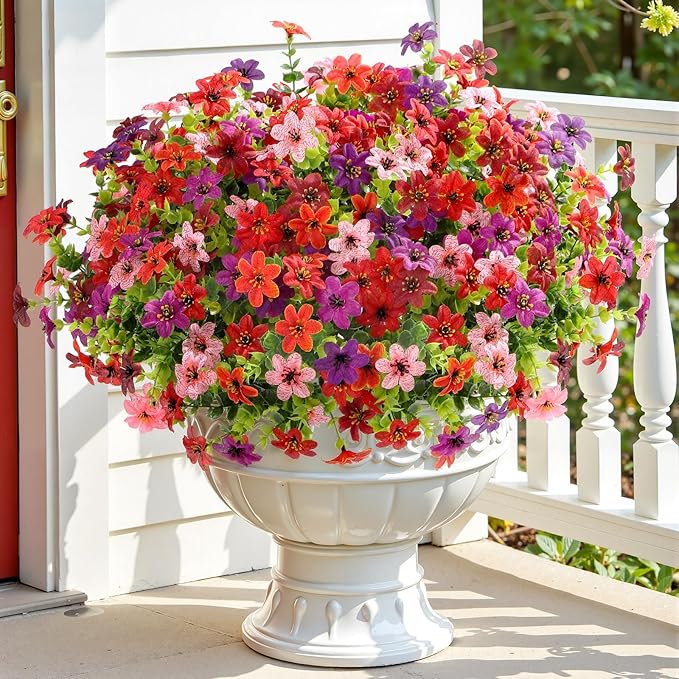 SHareconn 24 Bundles Artificial Flowers for Outdoor Spring Decorations, Realistic Fake Silk Plants UV-Resistant for Outdoor Planters,RedBrownPurpleDeepPurpleOrangePink