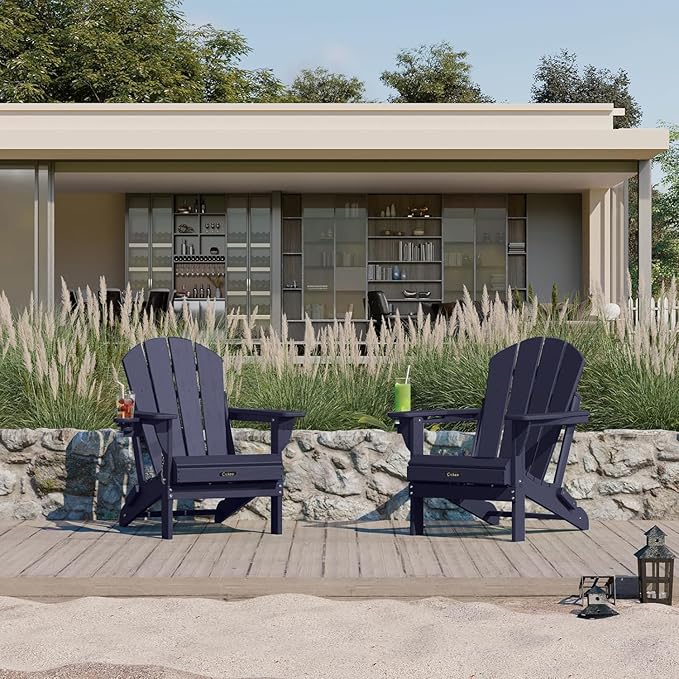 Ciokea Folding Adirondack Chair Wood Texture, Patio Adirondack Chair Weather Resistant, Plastic Fire Pit Chair with Cup Holder, Lawn Chair for Outdoor Porch Garden Backyard Deck, Dary Navy Blue