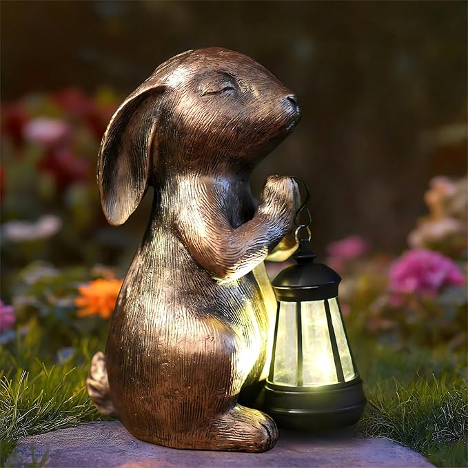 Solar Garden Statue Rabbit Outdoor Decor, Bunny Figurines with Solar Lantern, Yard Decorations for Patio Balcony Yard Lawn Ornaments - Unique Birthday Easter Housewarming Gifts for Women, Mom, Grandma
