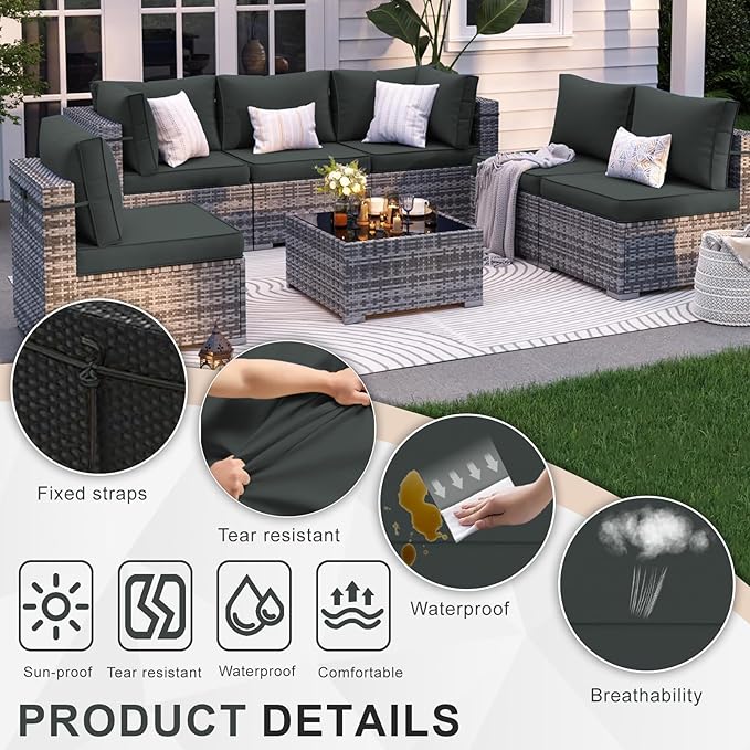 Patio Sectional Cushions, 14-Piece Replacement Cushions for Outdoor Furniture, Water-Resistant Outdoor Sofa Cushion for 6-Seat Rattan Wicker Sectional Conversation Sets (Dark Gray)