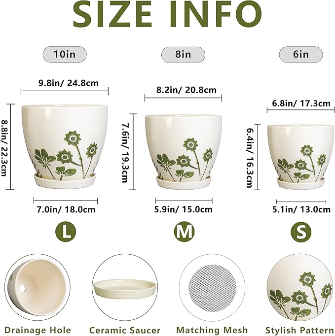 Ceramic Planters - 10+8+6 Inch Plant Pots with Drainage Holes and Saucers, Boho Decorative Round Flower Pots for Indoor Outdoor Plants, Housewarming Gifts, Office Decor, Set of 3, White