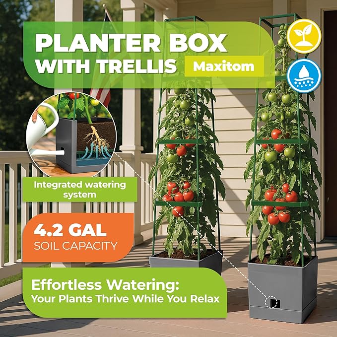 BioGreen 2 Pack Garden Tomato Planter MAXITOM, with Plant Support Trellis 59 inch and Self Watering, 4,2 Gal Planter Box for Climbing Vegetables Plants, Gray