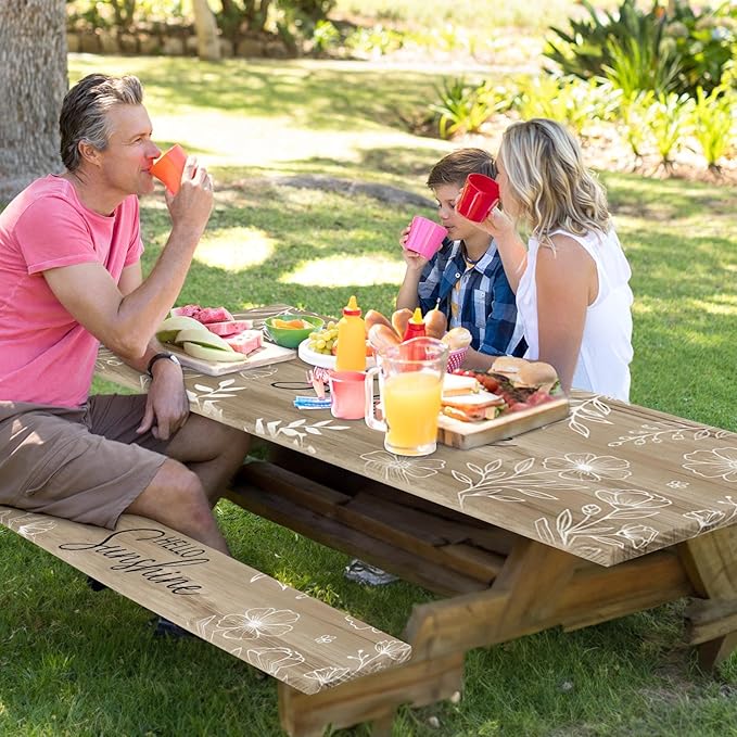 Picnic Table Cover with Bench Covers Elastic Edges, Flower Wood Camper Fitted Table Cover, Outdoor Patio Camping Essentials 72 Inch 3PCS, Waterproof Camping Fitted Tablecloth with Drawstring Bag