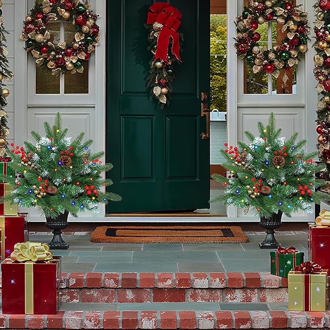 Set of 2 23.6 Inch Lighted Outdoor Christmas Tree Christmas Planter Filler with Remote, 8 Modes, Battery Operated Urn Filler Porch Decorations with Pine Cones, Red Berries for Pathway Yard Home Decor