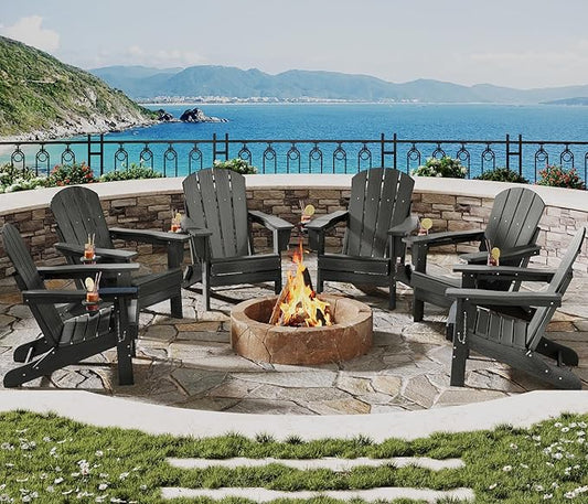 Folding Adirondack Chair Set of 6, All-Weather HDPE Outdoor Chair, Wooden Textured with Cup Holder for patios, Decks, Gardens, fire pits, Grey
