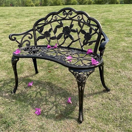 Mandolin Outdoor Park Garden Chair,All Chair Anti Rust Cast Aluminum Patio Yard Bench,Carved Rose Loveseat Bench for Backyard .Porch.Balcony.Lawn (Copper)