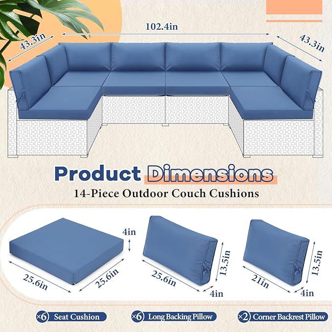 Patelai 14 Piece Outdoor Furniture Replacement Cushions Fits 6 Seat Patio Sectional Cushions Set Waterproof Couch Replacement Sofa Liner Cover for Porch Garden Balcony(Royal Blue)