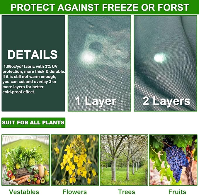 Plant Cover Freeze Protection, 33FT x 10FT Green Floating Row Cover Garden Fabric Plant Protector for Winter Frost Blanket Sun Pest Protection Tree Wraps Vegetable Shade Cloth for Greenhouse