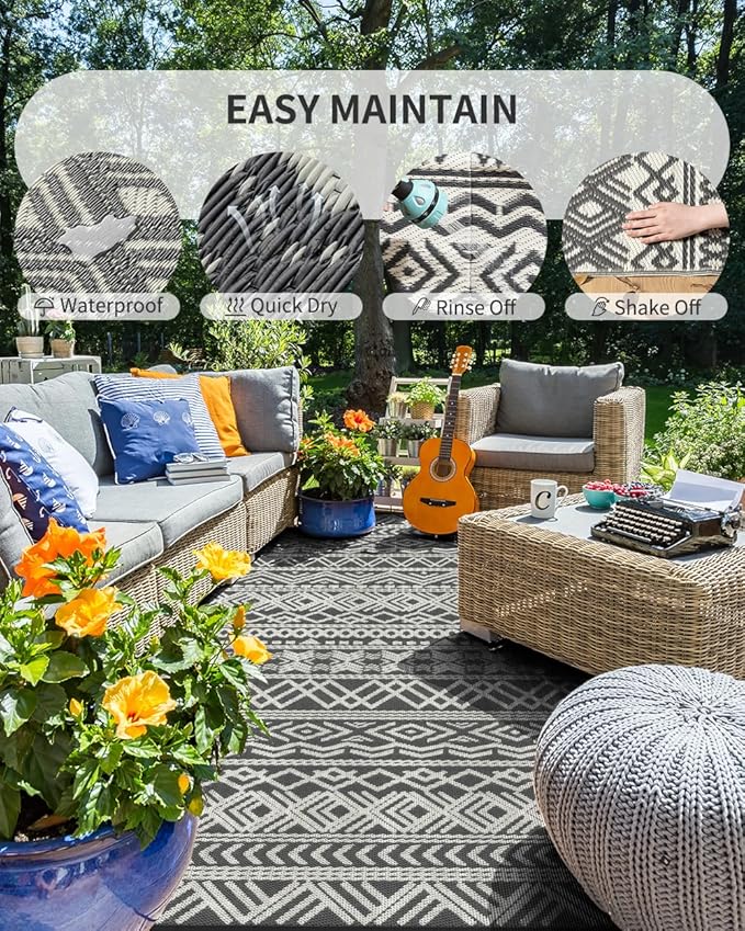 MontVoo Outdoor Rug 8x10 Waterproof Outdoor Patio Rug Mat Reverisble Plastic Straw Outdoor Rug for RV Camping Picnic Beach Balcony Boho Grey