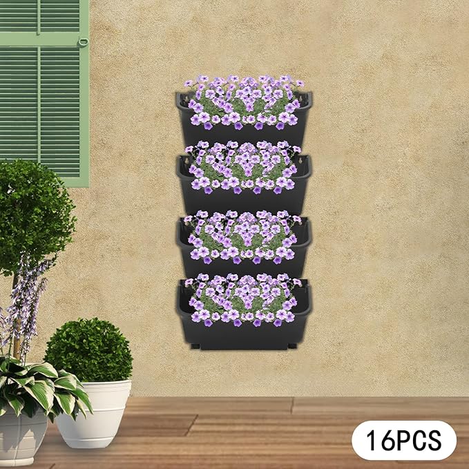 Eapmic Vertical Wall Planter with 16 Pots, Hanging Garden Plant Flowerpot Holder, Stackable Wall-Mounted Planter, Balcony Planters for Flowers Vegetables Fruits (Black, 16 Pots)