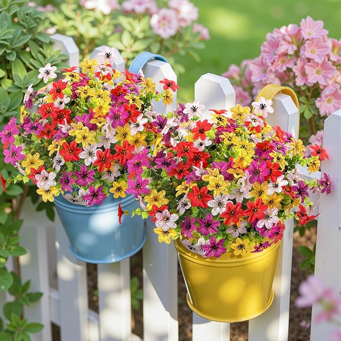 SHareconn 24 Bundles Artificial Flowers for Outdoors Spring Decoration, Fake Silk Realistic Faux Plants UV Resistant for Outside Planter Porch Patio Indoor Decor, RedPurpleYellowWhite