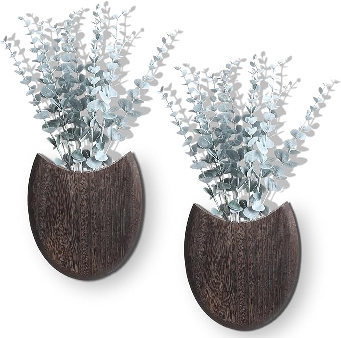 2 Pack Wood Wall Planters with Artificial Plants Farmhouse Boho Wall Decor Pocket Vases for Kitchen Office Living Room Entryway Hallway Bathroom Indoor Decoration (Brown)