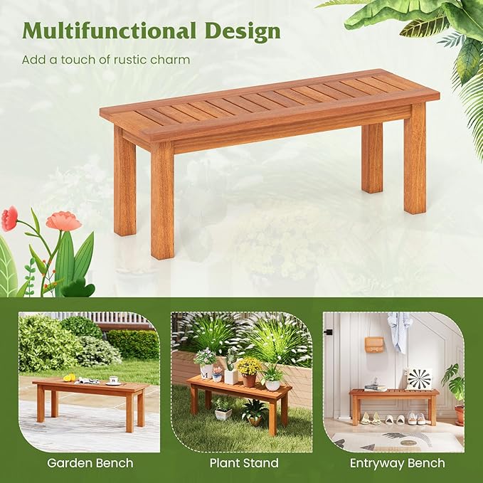 Plant Stand, Outdoor Wooden Planter Pot Holder with Teak Oil Finish & Slatted Top, Garden Planter Bench, Plant Display Rack for Porch, Backyard, Entryway (1, 34” x 12” x 13”)