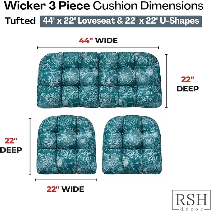 RSH DECOR: 3-Piece Wicker Tufted Cushion Set | 44" x 22" Loveseat & 22" x 22" U-Shapes | Outdoor Replacement Cushions | Water & Fade-Resistant Spun Fabric | Made in USA (Saltwater Atlantic)