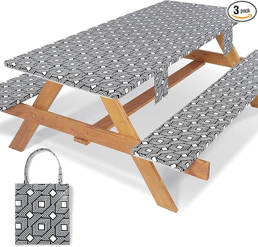 Picnic Table Cover with Bench Covers Elastic Waterproof Vinyl Tablecloth for 6 Foot Rectangle Tables Camping Rv Roadtrip Hiking Car Items for Tent Campers Gift for Teenage Boys Girls Sister