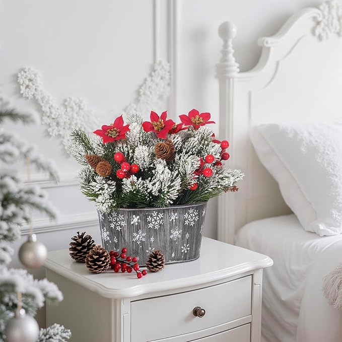 Christmas Centerpiece Table Decorations, Artificial Norfolk Pine with Poinsettia Flowers, Pine Cones & Berries in Metal Planter, Dining Table & Coffee Table Centerpiece for Christmas Décor, 1-Pack