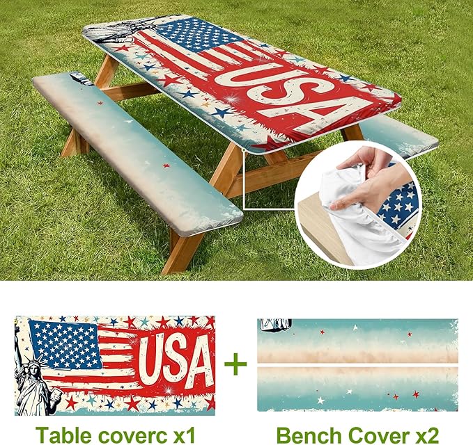 Patriotic USA Picnic Table Cover with Bench Covers Set of 3 - American Flag and Butterfly Pattern, Elastic Fitted Tablecloth for 6 Ft Tables, Washable Polyester Cover for Patio, Indoor & Outdoor