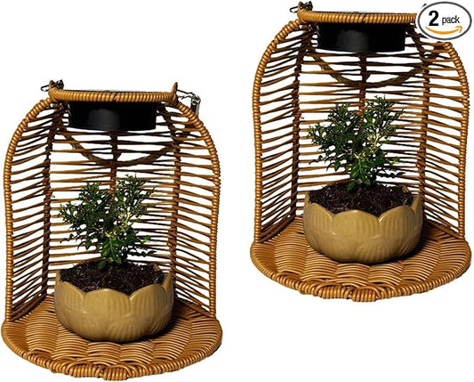 LIYAOLI Solar Rattan Lanterns Outdoor Waterproof 2 Pack, Hanging Solar Lights for Patio Garden Yard Pathway Porch Decor, Boho Lanterns with Planter Holder for Outdoor Decorations (Light Brown)