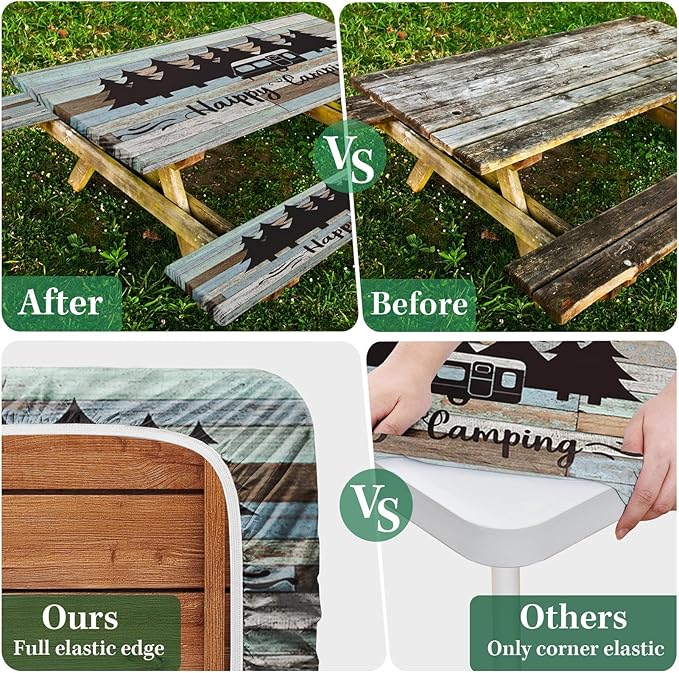 Picnic Table Cover with Bench Covers Elastic Edges, Green Camper Fitted Table Cover, Outdoor Patio Camping Essentials 72 Inch 3PCS, Waterproof Camping Fitted Tablecloth with Drawstring Bag