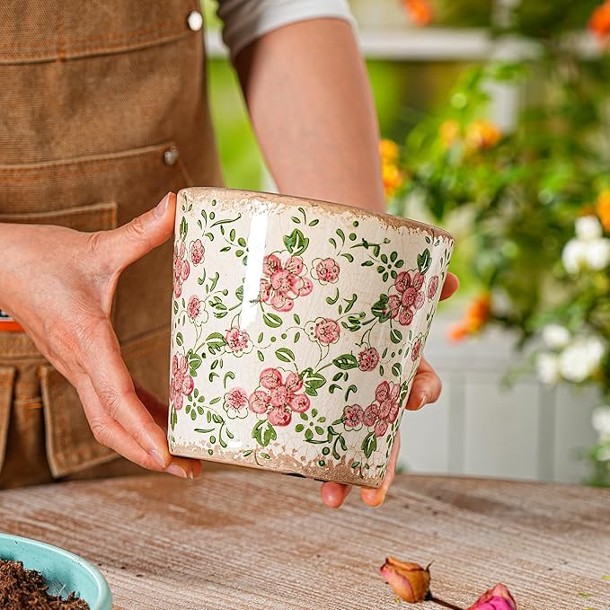 Sungmor Vintage Ceramic Planter Set of 2 - Decorative Indoor & Outdoor Flower Pots with Drainage Holes - Tuscan Décor Pots, 5.5" Ice Crackle Glaze Planters for Home, Kitchen, Patio, and Garden